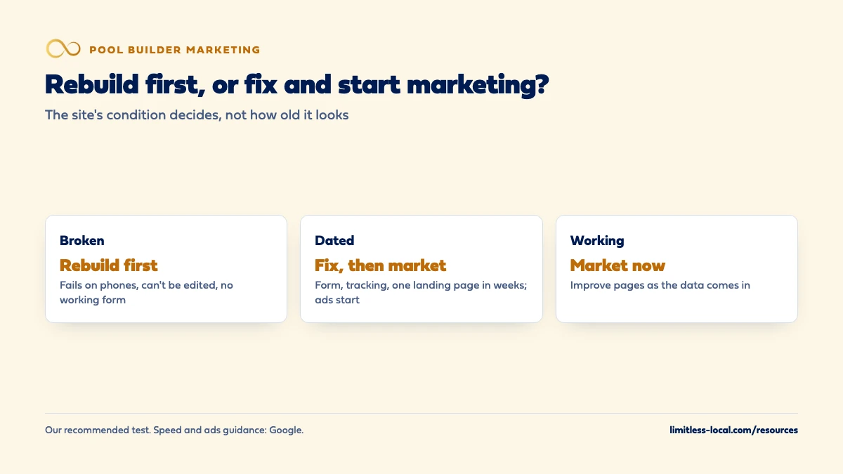 How to decide whether to rebuild a pool company website before marketing: if it's broken (fails on phones, can't be edited, no working form), rebuild first; if it's dated, fix the form, tracking and one landing page in weeks and start ads; if it's working, market now and improve pages as the data comes in
