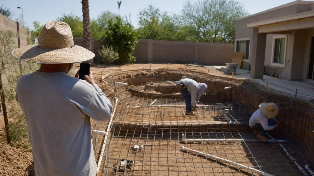 How should a pool builder use project photos and videos?
