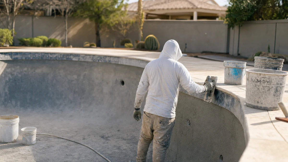 Pool crew member troweling fresh plaster inside an empty pool during a resurfacing job