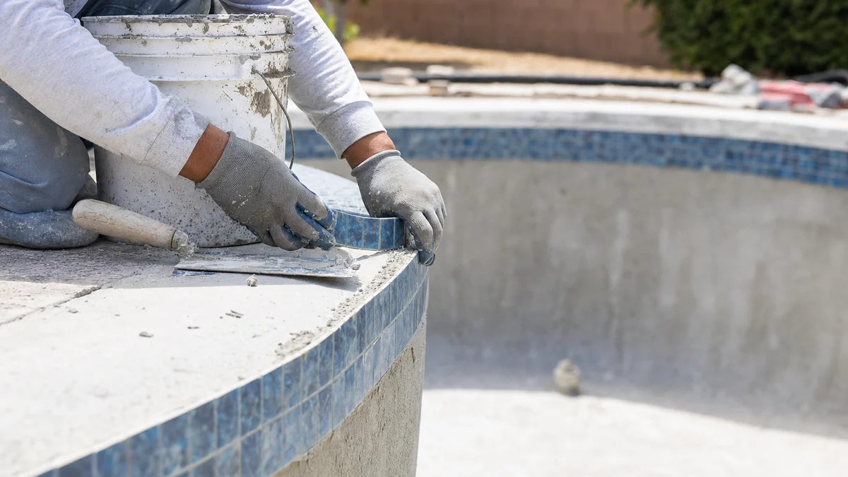 Pool crew setting waterline tile along the edge of a new gunite pool