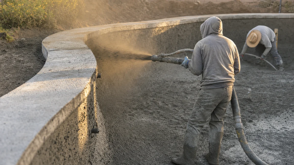 Pool construction crew spraying gunite onto the curved wall of a backyard pool shell