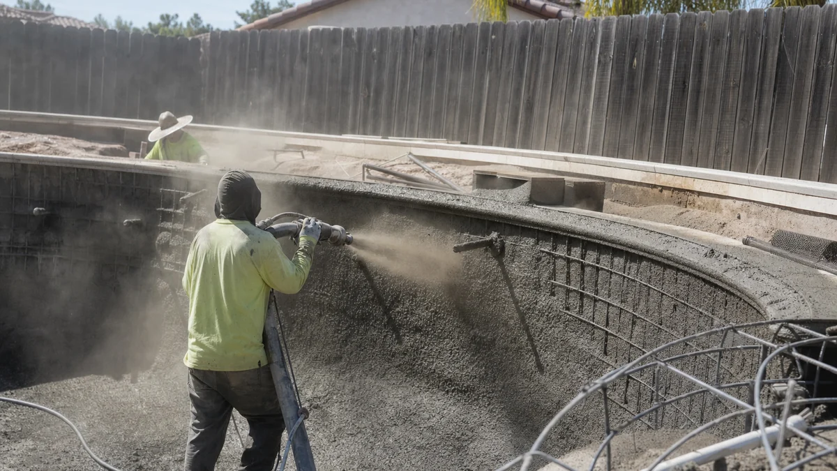 Pool crew spraying gunite into a rebar-framed residential pool shell