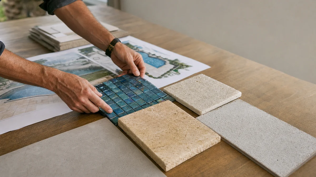 Pool designer arranging tile, coping and plaster samples beside backyard pool design drawings