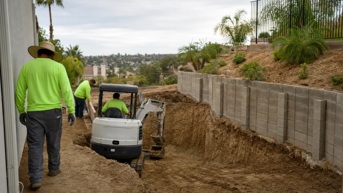 Compact excavator digging a pool in a narrow sloped backyard beside a new retaining wall