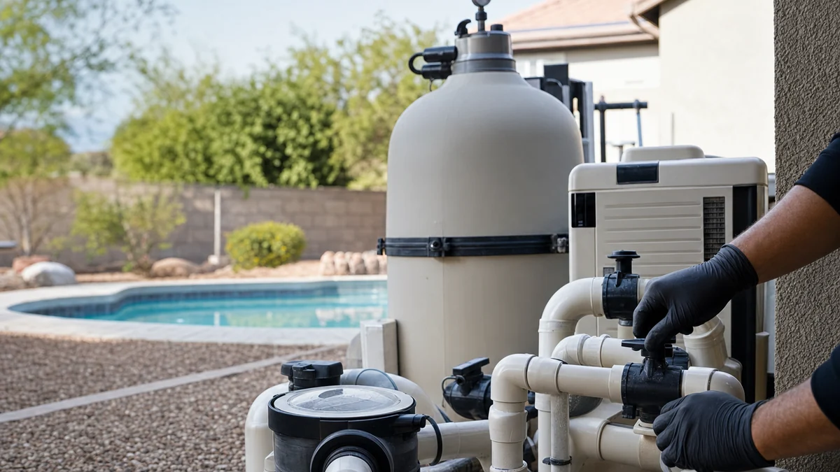Gloved hands checking a valve on a backyard pool equipment pad with pump and filter