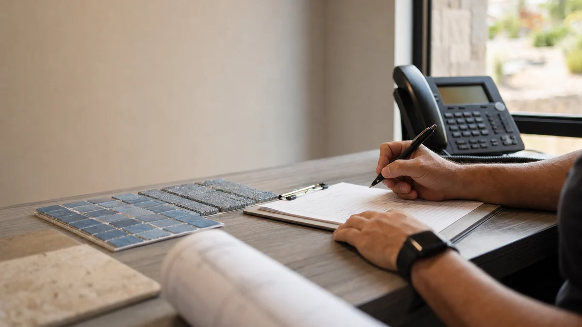Pool company office staff taking notes on a lead intake checklist beside the phone