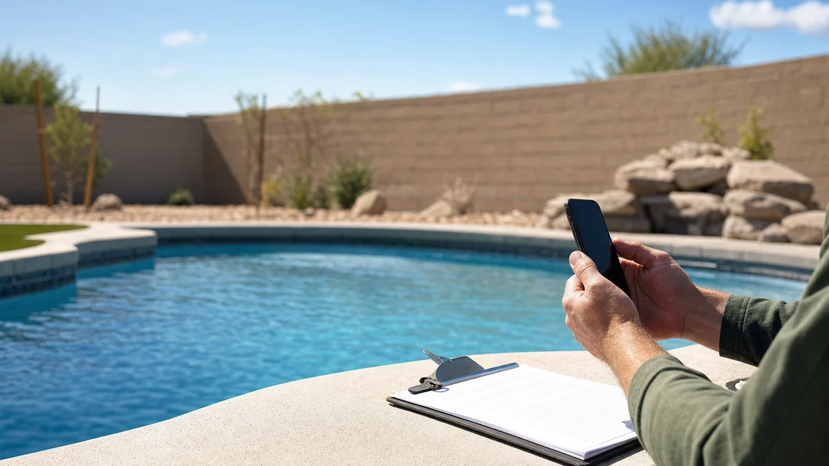 Pool project manager holding a phone beside a newly filled backyard pool with a handover checklist on the coping