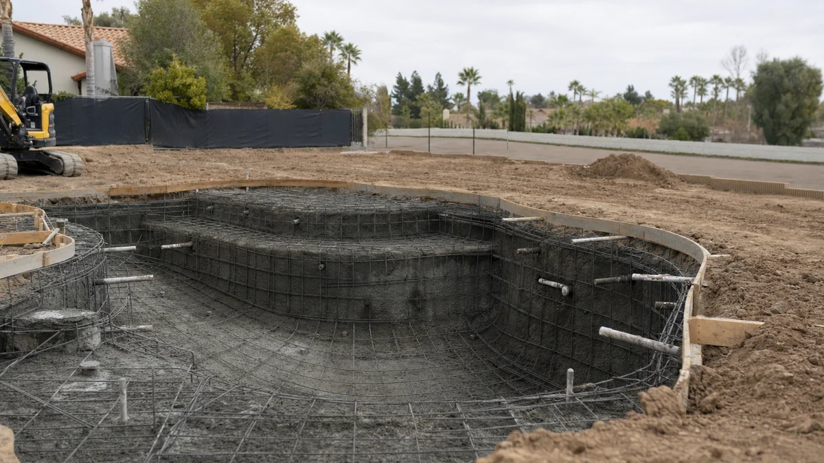 Backyard pool mid-build with the gunite shell, rebar and an excavator at the edge of the yard