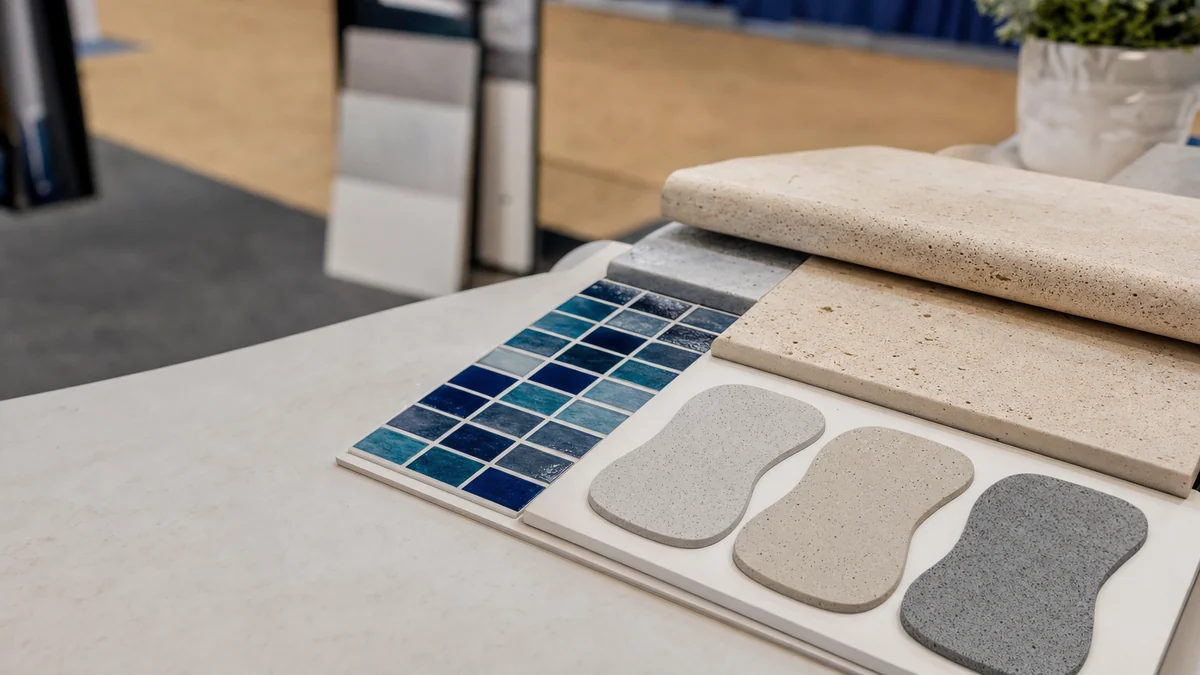 Pool tile, stone coping and plaster finish samples laid out on a booth display table