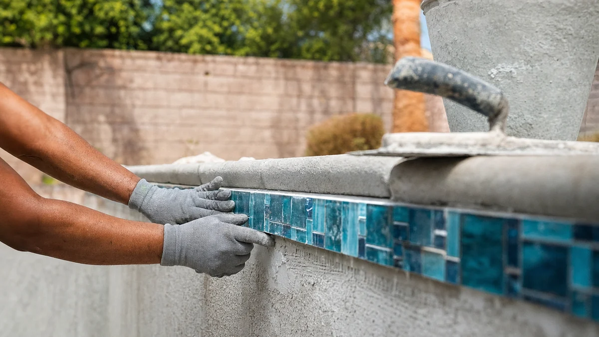 Pool tile setter pressing glass waterline tile onto a new gunite pool wall