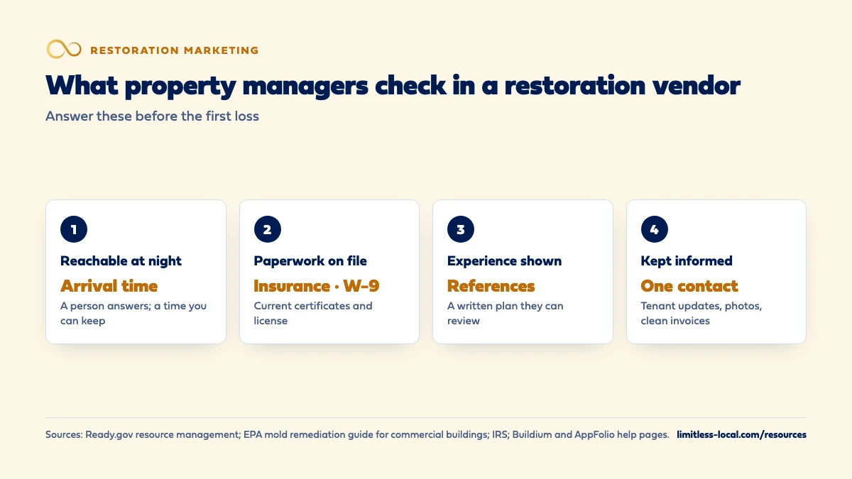 Four things property managers check in a restoration vendor: reachable at night with an arrival time you can keep; paperwork on file including insurance certificates, a W-9 and license; experience shown through references and a written plan; and keeping them informed with one contact, tenant updates, photos and clean invoices