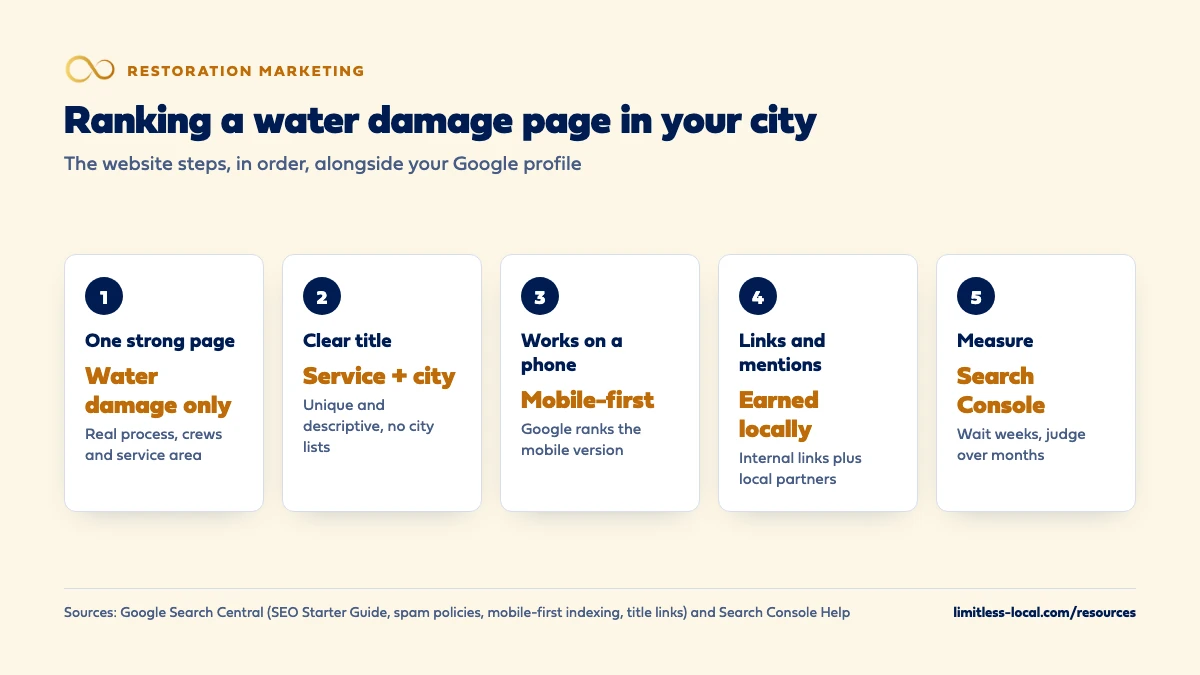 Five steps to rank a water damage restoration page in your city: build one strong water damage page with your real process, crews and service area; write a clear, unique title naming the service and city without city lists; make it work on a phone because Google ranks the mobile version; earn internal links and local links and mentions; and measure in Search Console, waiting weeks and judging over months