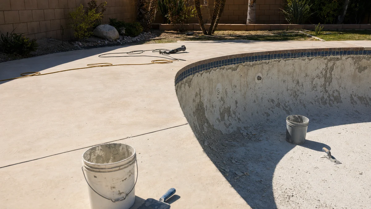 Residential pool partly drained and prepared for resurfacing, with tools on the deck