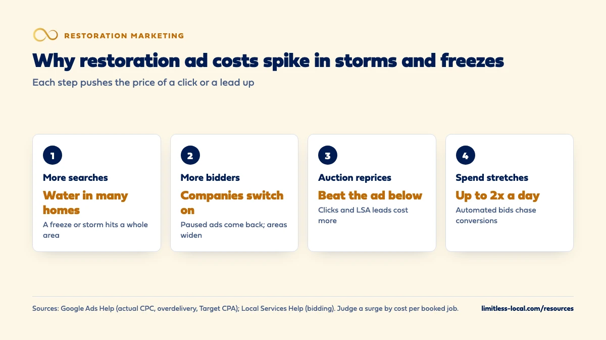Why restoration ad costs spike in storms and freezes: more searches as water reaches many homes at once, more bidders as companies switch ads back on, the auction reprices because you pay to beat the ad below, and spend stretches up to twice the daily budget as automated bids chase conversions