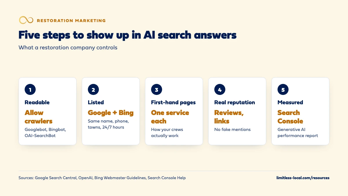 Five steps for a restoration company to show up in AI search answers: let Googlebot, Bingbot and OAI-SearchBot read the site, keep Google and Bing listings matching with 24/7 hours, write first-hand pages with one service each, build real reviews and links without fake mentions, and measure with the Search Console Generative AI performance report