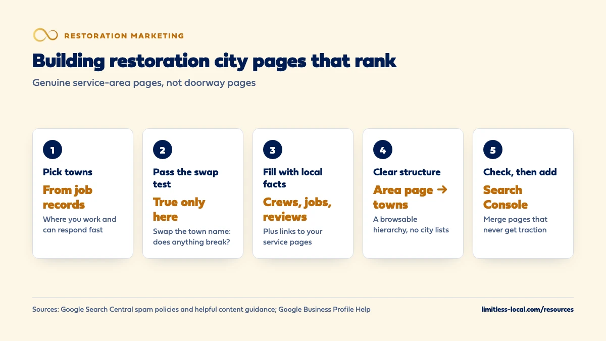 Five steps to build restoration city pages that rank: pick towns from job records where you work and can respond fast; pass the swap test so the page is true only for that town; fill it with local crews, jobs and reviews plus links to service pages; put it in a clear service area structure without city lists; and check it in Search Console before adding more, merging pages that never get traction