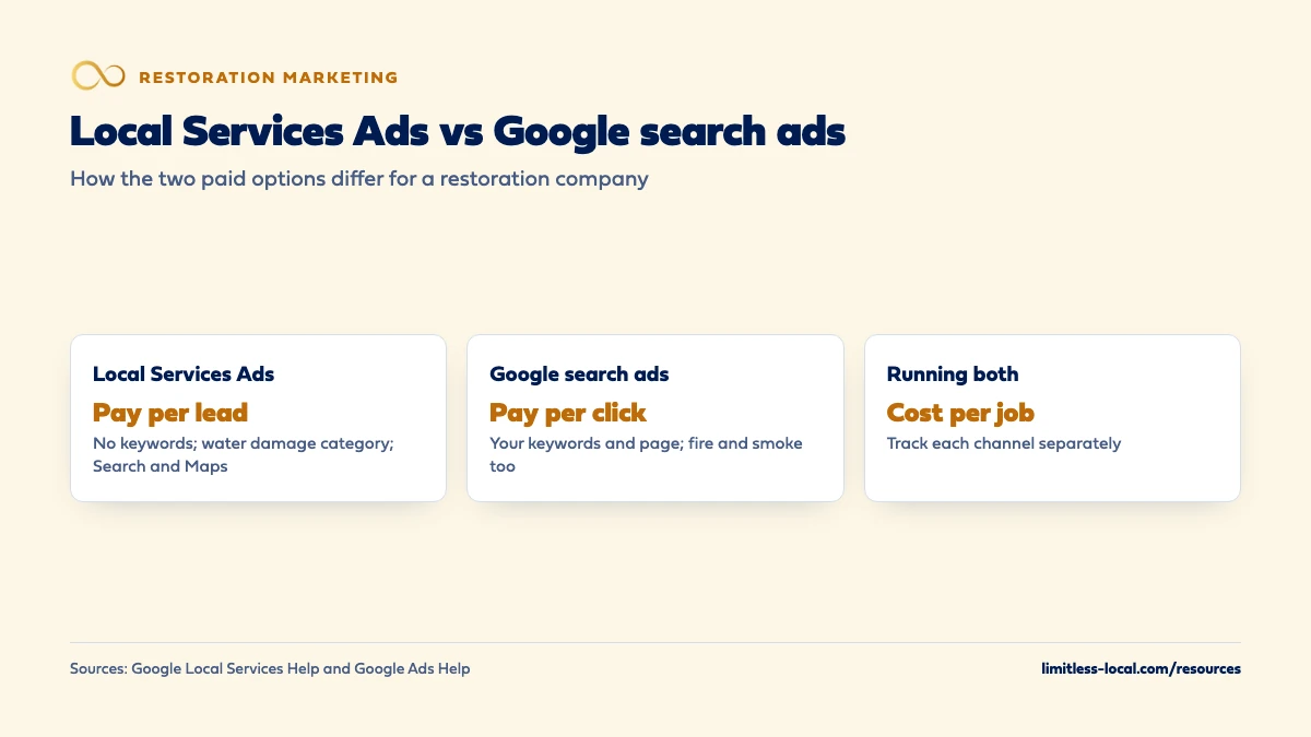 Comparison of Local Services Ads and Google search ads for restoration: LSAs charge per lead with no keywords under a water damage category on Search and Maps; search ads charge per click with your own keywords and pages and can cover fire and smoke; running both is judged on cost per booked job with each channel tracked separately