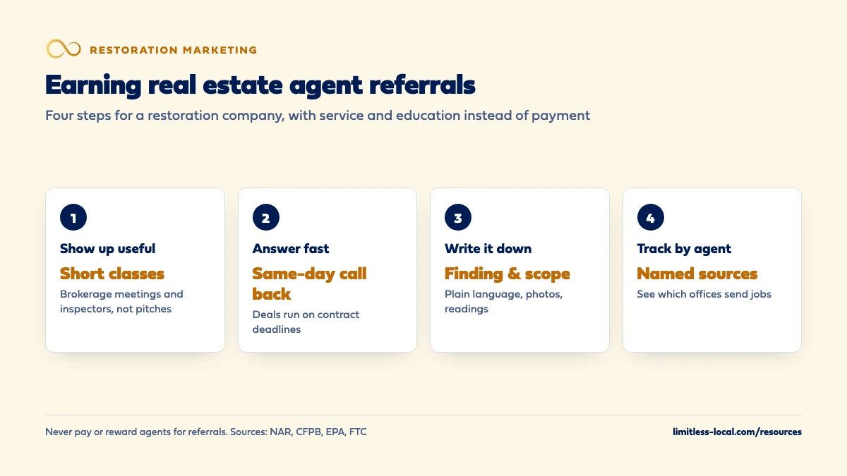 Four steps for a restoration company to earn real estate agent referrals without payment: show up useful with short classes at brokerage meetings and through inspectors, answer fast with a same-day call back, write down a plain finding and scope with photos and readings, and track referrals by agent and office