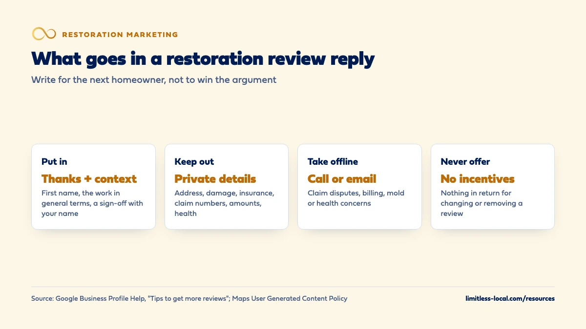 Four rules for restoration review replies: put in thanks, the customer's first name, the work in general terms and your sign-off; keep out the address, damage, insurance, claim numbers, amounts and health details; take claim disputes, billing and mold or health concerns offline by phone or email; and never offer anything in return for changing or removing a review
