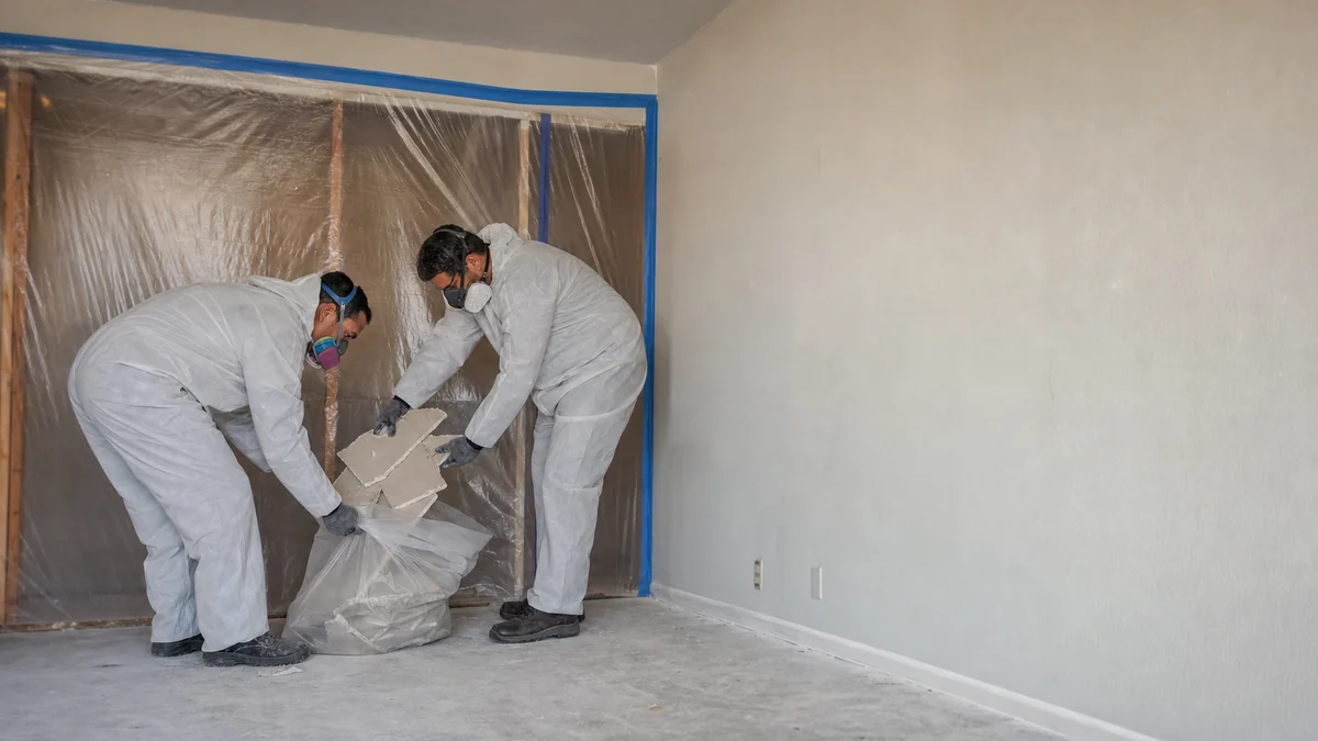 Restoration crew bagging removed drywall inside plastic containment during a mold remediation job