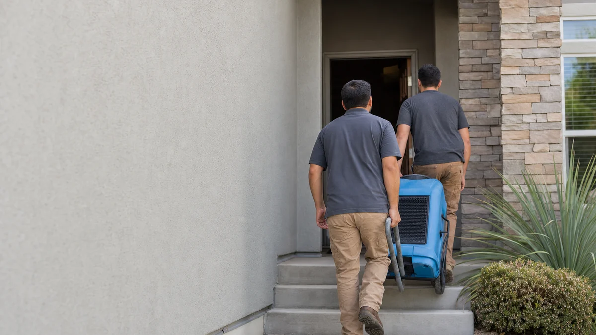Two restoration crew members carrying a dehumidifier into a building for a drying job