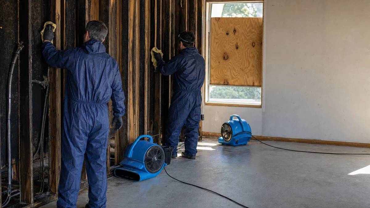 Restoration crew cleaning smoke residue from wall framing in an emptied room after a fire