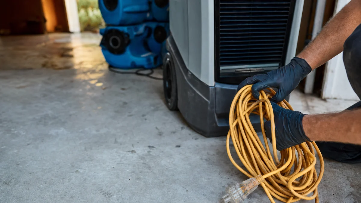 Restoration crew member coiling a cord beside a dehumidifier and stacked air movers in a garage