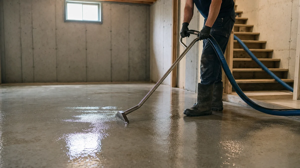 Restoration crew member extracting water from a basement floor with a portable extractor
