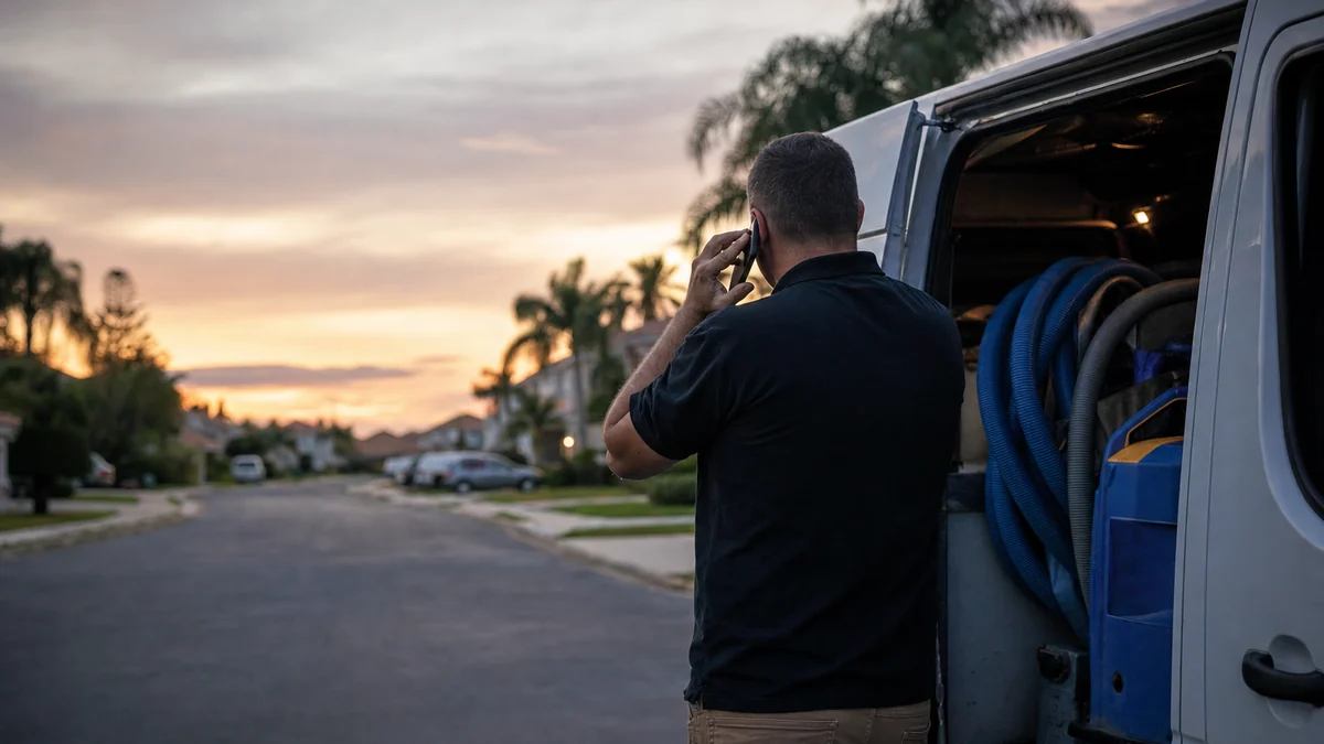 Restoration crew lead taking a call beside a work van loaded with drying equipment at the end of the day