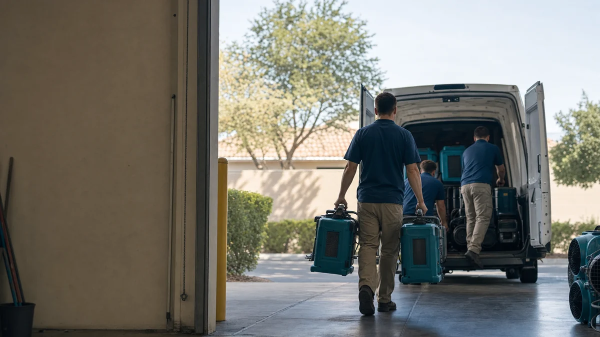 Restoration crew loading dehumidifiers and air movers into a van at the shop