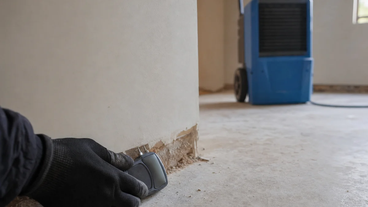 Restoration crew member checking a wall with a moisture meter while a dehumidifier runs in the background