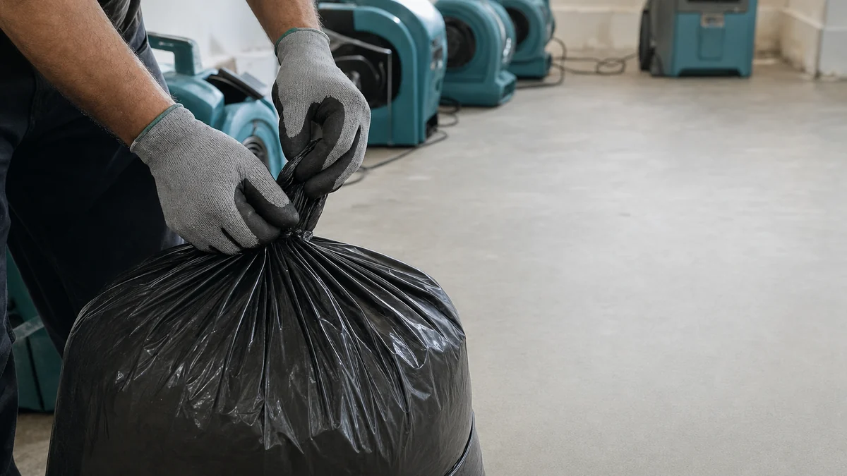 Gloved hands sealing a debris bag next to an air scrubber and dehumidifier on a concrete basement floor