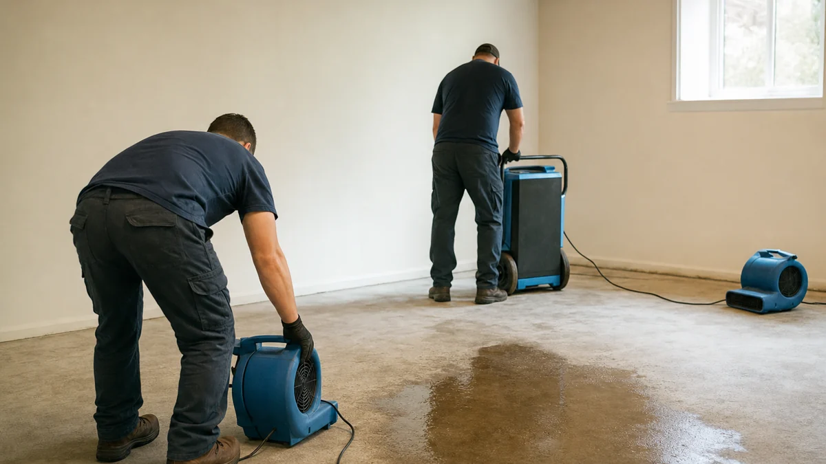Two restoration technicians setting up air movers and a dehumidifier in a basement