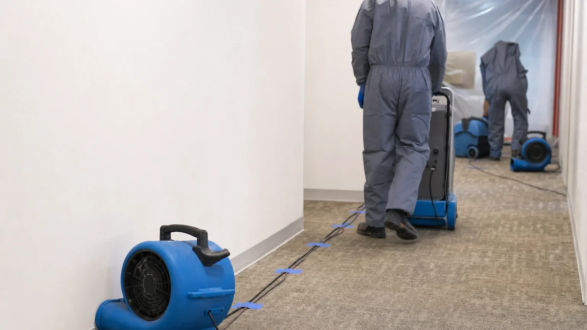 Restoration crew setting up air movers and a dehumidifier in an empty commercial office corridor