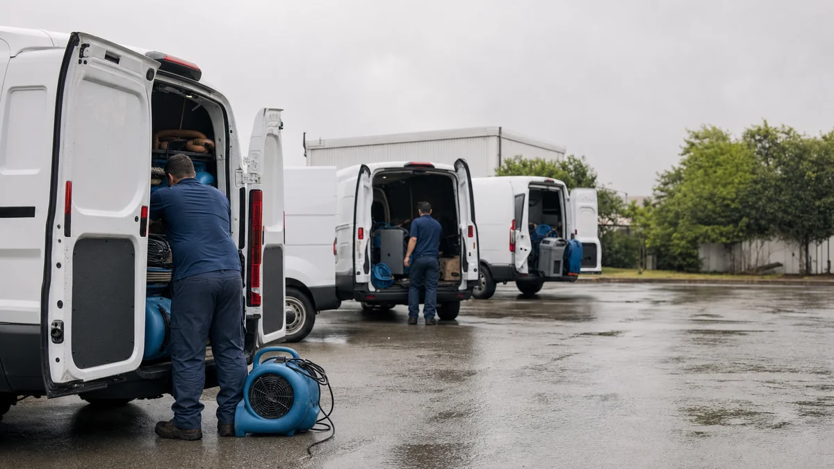 Restoration crews loading drying equipment into vans to head out after a storm
