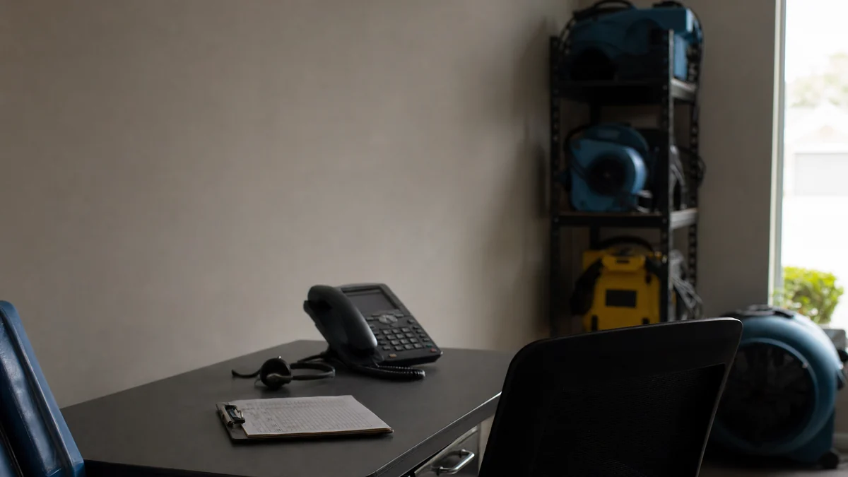Restoration company dispatch desk with a phone and headset ready for incoming emergency calls