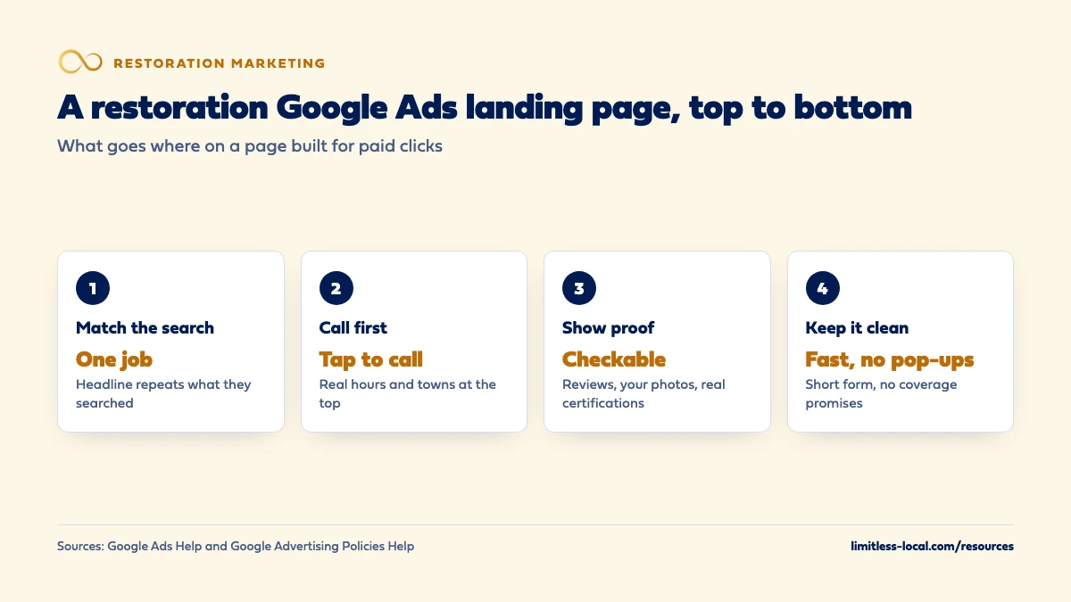 Four steps for a restoration Google Ads landing page: match the search with one job per page, put a tap-to-call button with real hours and towns at the top, show checkable proof such as reviews, your own photos and real certifications, and keep the page fast with a short form and no coverage promises