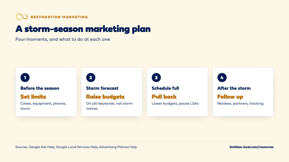 Four moments in a restoration storm-season marketing plan: before the season set crew, equipment, phone and hours limits; when a storm is forecast raise budgets on job keywords, not storm names; when the schedule is full lower budgets and pause LSAs; after the storm follow up with reviews, partners and tracking