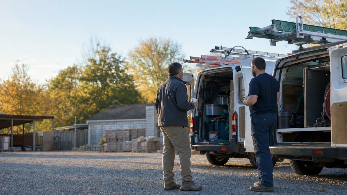 Restoration owner talking with a plumber beside their work vans on a quiet morning