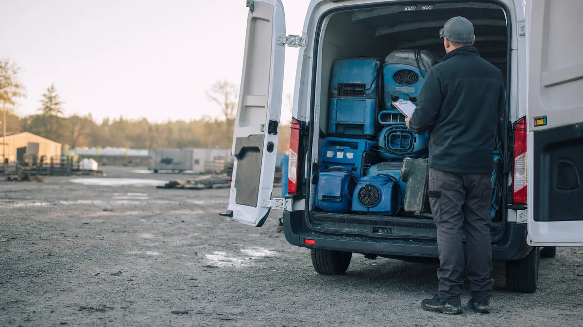 Restoration company owner counting dehumidifiers and air movers in a work van to check crew capacity