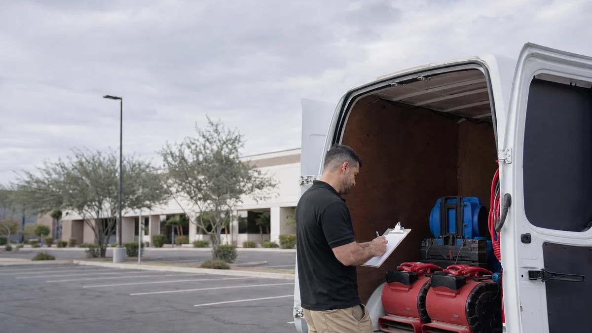 Restoration company owner writing job notes on a clipboard beside a work van loaded with drying equipment