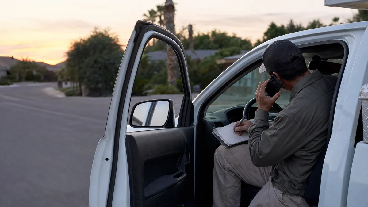 Restoration owner taking a call and writing notes in a parked work truck