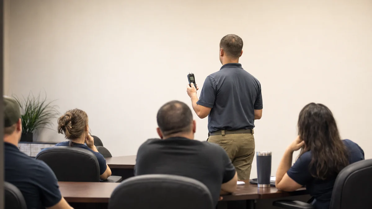 Restoration owner giving a short talk to a small group at an office meeting