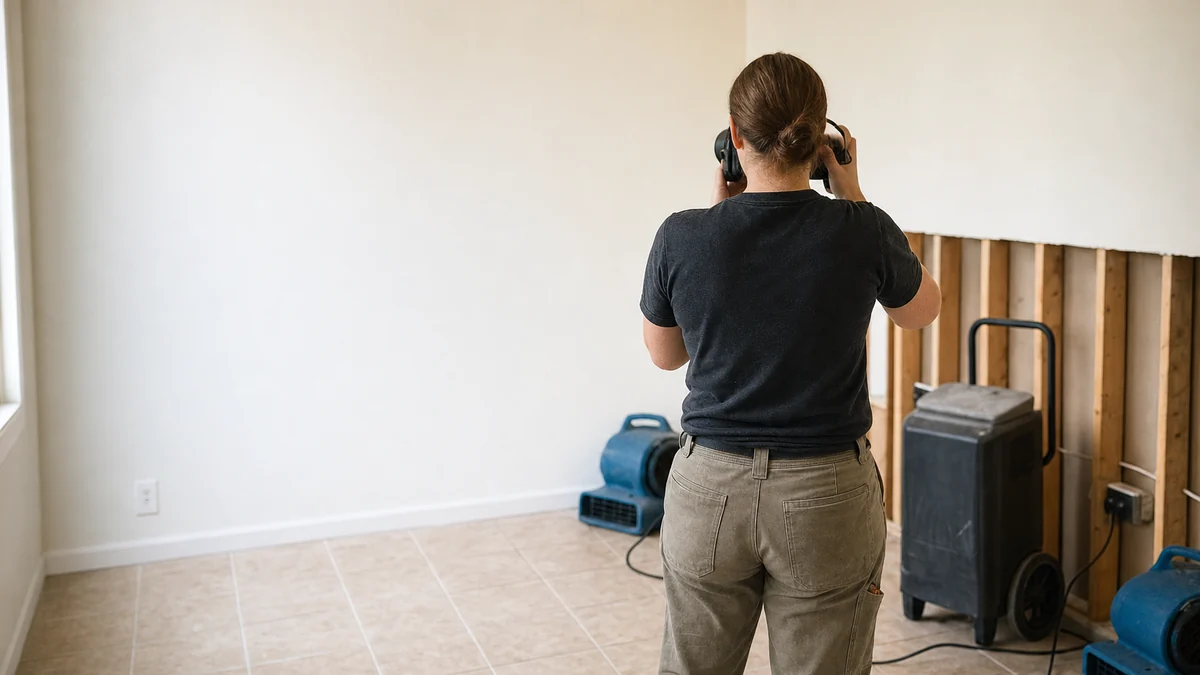 Restoration technician photographing drying equipment in a laundry room to document the job