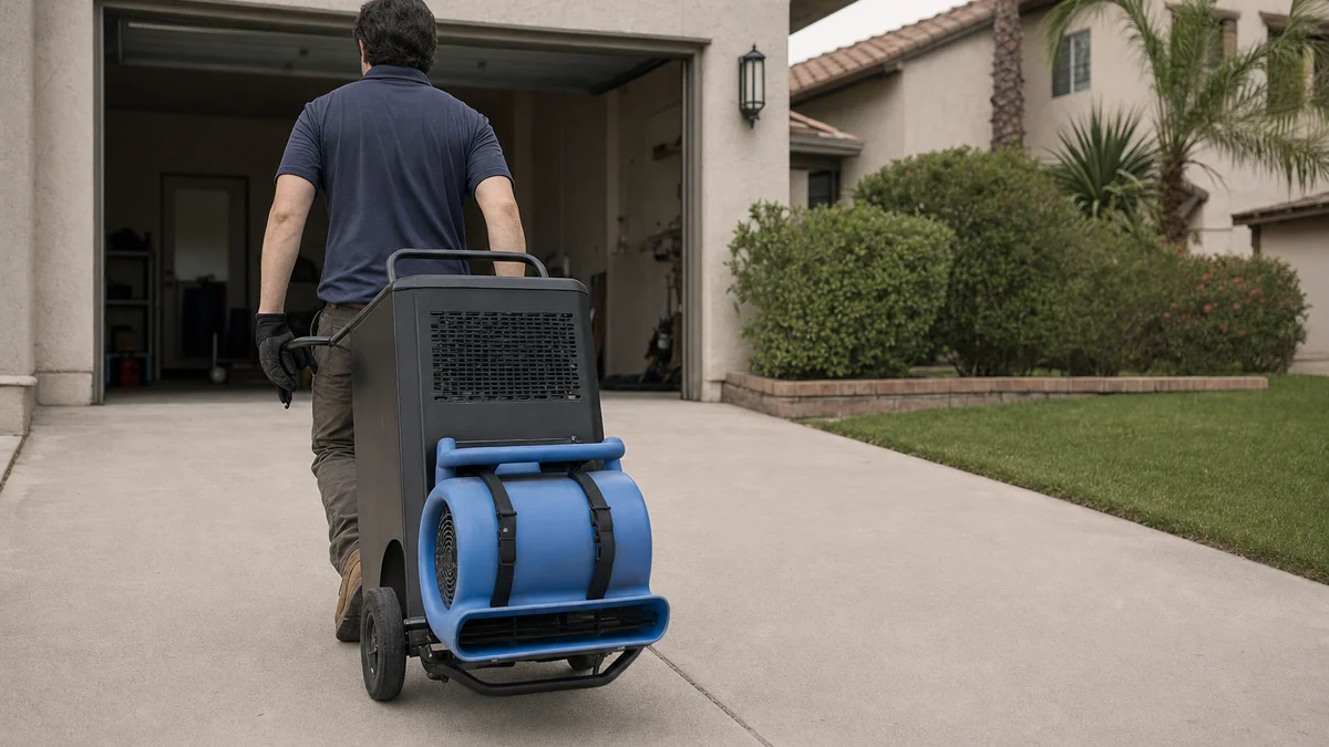 Restoration technician wheeling a dehumidifier and air mover up a driveway to start a drying job