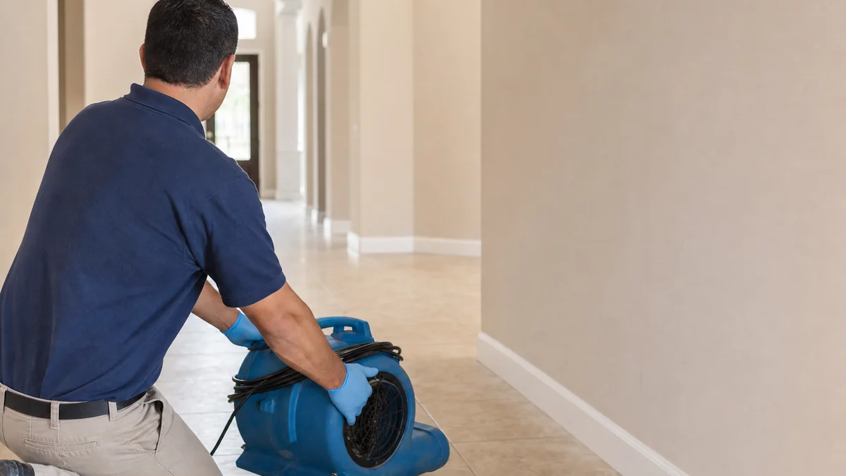 Restoration technician placing an air mover in an empty hallway during a drying job