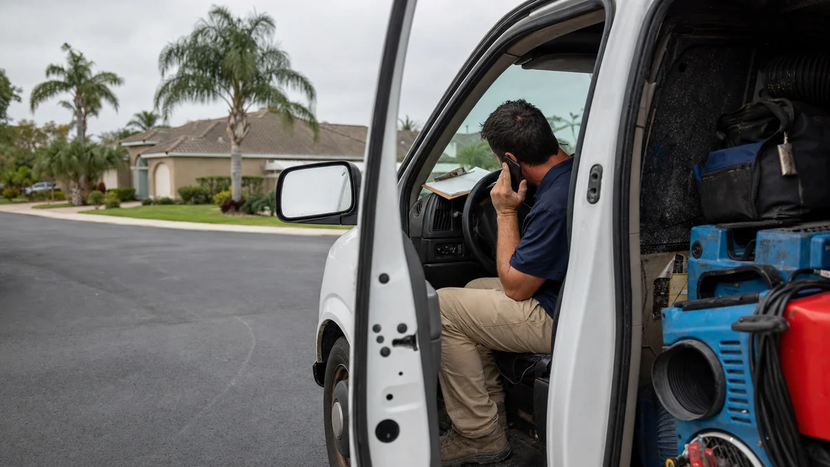 Restoration technician returning a customer call from the driver's seat of his work van between jobs