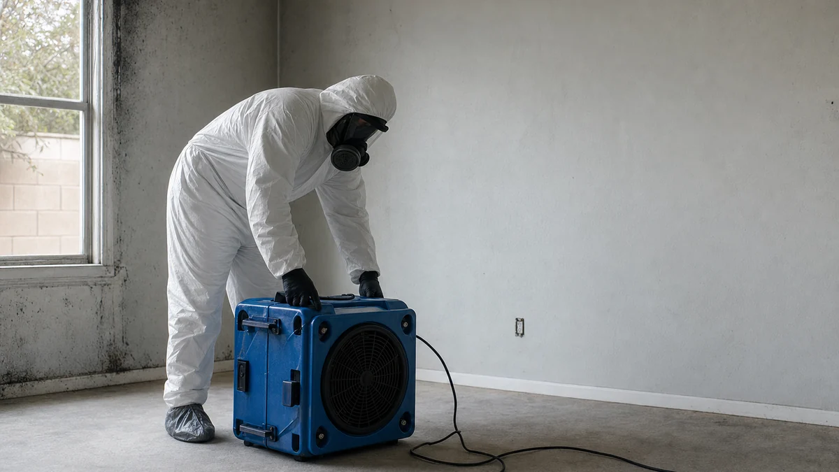 Restoration technician in protective gear setting up an air scrubber during smoke odor cleanup