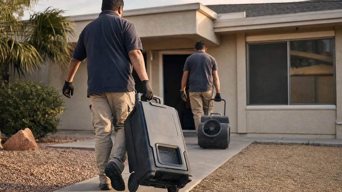 Restoration technicians carrying a dehumidifier and air mover toward a house for a water damage job