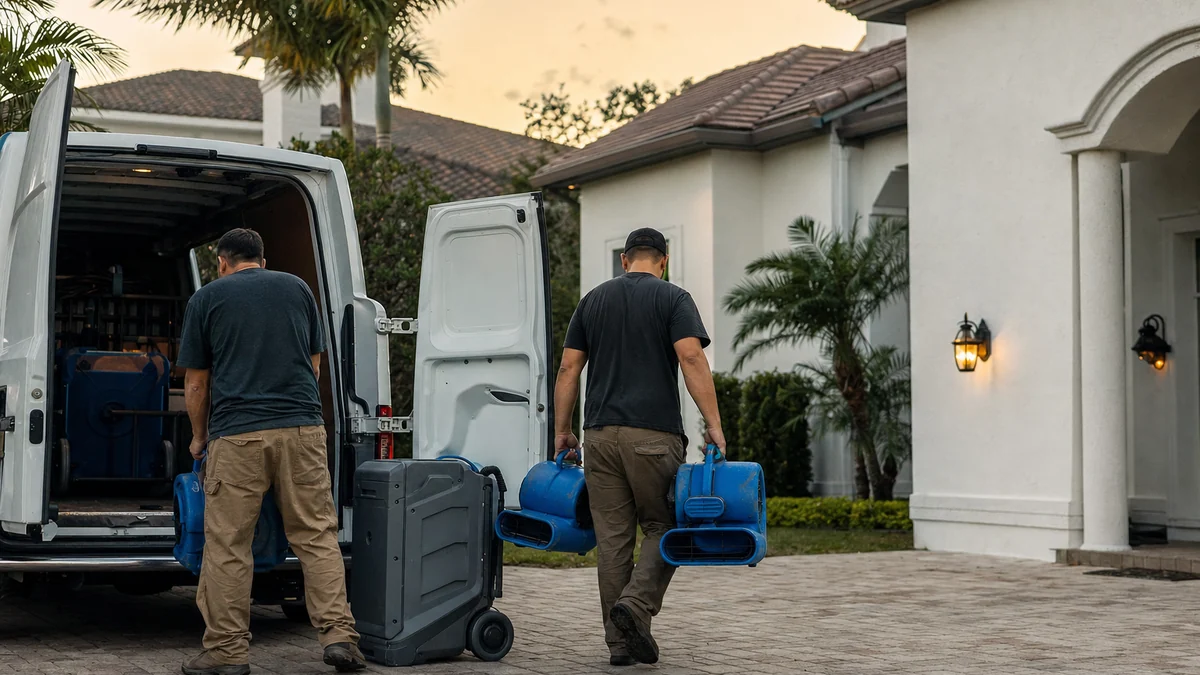 Restoration technicians unloading air movers and a dehumidifier from a work van